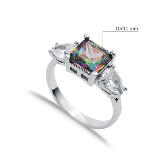 Square Mystic Topaz Pear CZ 925 Sterling Silver Ring Square Mystic Topaz Pear CZ 925 Sterling Silver Ring