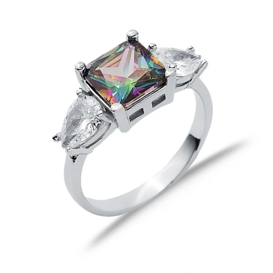 Square Mystic Topaz Pear CZ 925 Sterling Silver Ring Square Mystic Topaz Pear CZ 925 Sterling Silver Ring