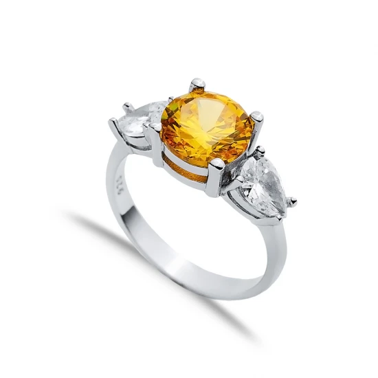 Citrine Round CZ Pear 925 Sterling Silver Ring | 925 Sterling Silver Wholesale | Sade Silver Citrine Round CZ Pear 925 Sterling Silver Ring - Sade 925 Silver Jewelry