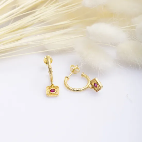 Ruby CZ Square Design Silver Hoop Earrings Wholesale Jewelry Ruby CZ Square Design Silver Hoop Earrings Wholesale Jewelry
