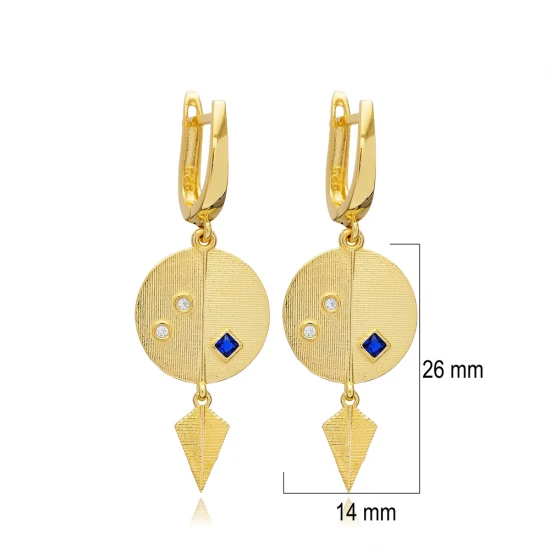 Sapphire CZ Round Dangle Latch Back 925 Silver Earrings