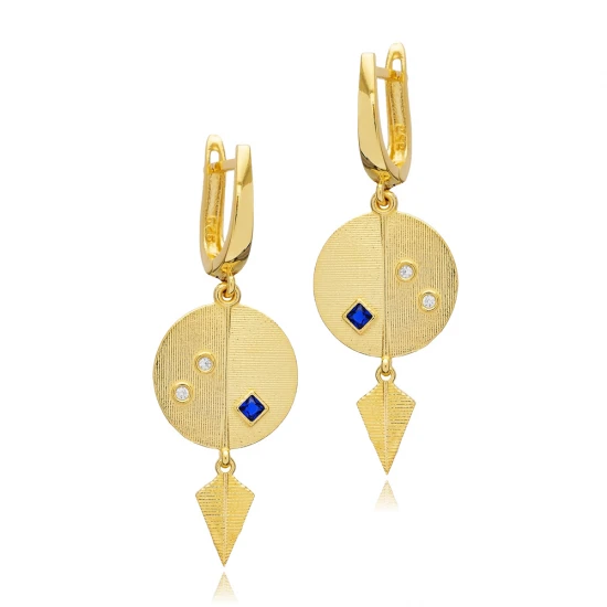 Sapphire CZ Round Dangle Latch Back 925 Silver Earrings