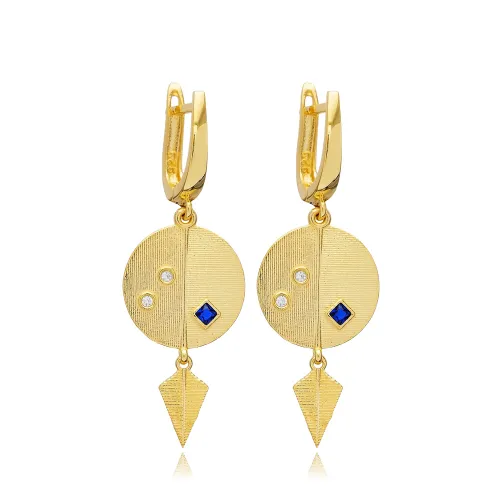 Sapphire CZ Round Dangle Latch Back 925 Silver Earrings