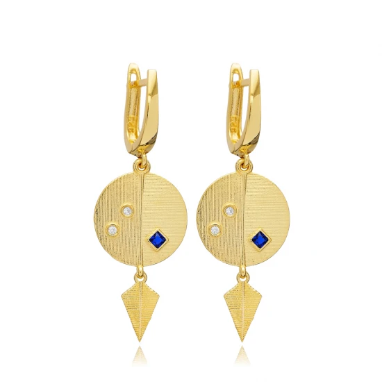 Sapphire CZ Round Dangle Latch Back 925 Silver Earrings