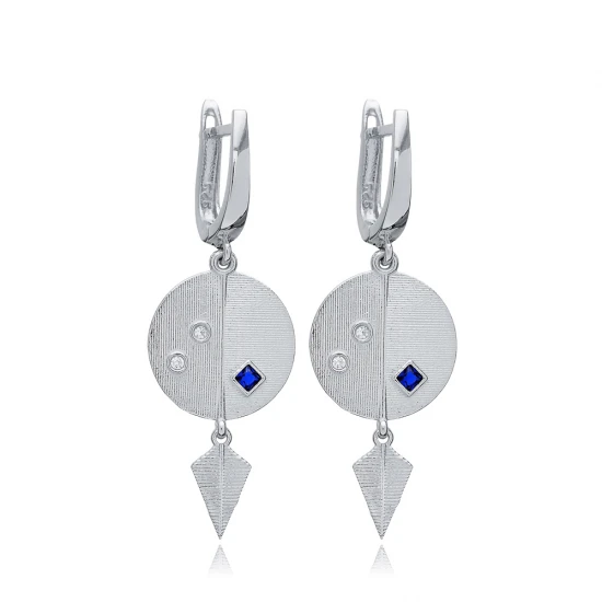 Sapphire CZ Round Dangle Latch Back 925 Silver Earrings