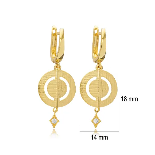 Disc Round CZ Dangle Latch Back Silver Earrings