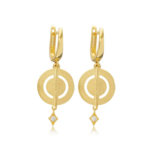 Disc Round CZ Dangle Latch Back Silver Earrings