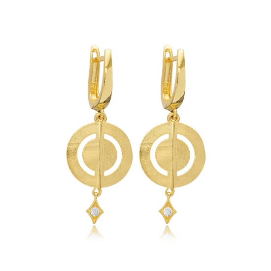 Disc Round CZ Dangle Latch Back Silver Earrings Disc Round CZ Dangle Latch Back Silver Earrings