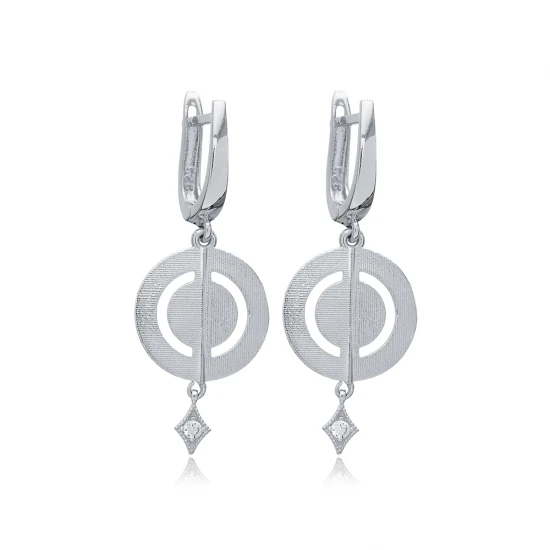 Disc Round CZ Dangle Latch Back Silver Earrings Disc Round CZ Dangle Latch Back Silver Earrings