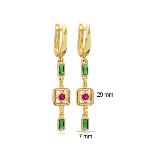 Ruby CZ Emerald CZ Geometric Drop 925 Silver Earrings
