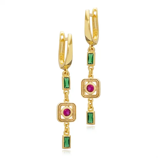 Ruby CZ Emerald CZ Geometric Drop 925 Silver Earrings Ruby CZ Emerald CZ Geometric Drop 925 Silver Earrings