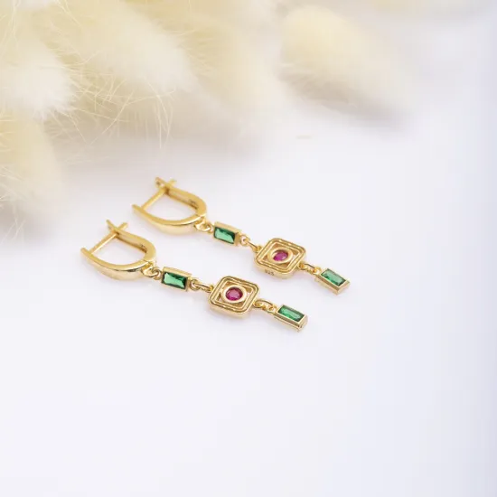 Ruby CZ Emerald CZ Geometric Drop 925 Silver Earrings Ruby CZ Emerald CZ Geometric Drop 925 Silver Earrings