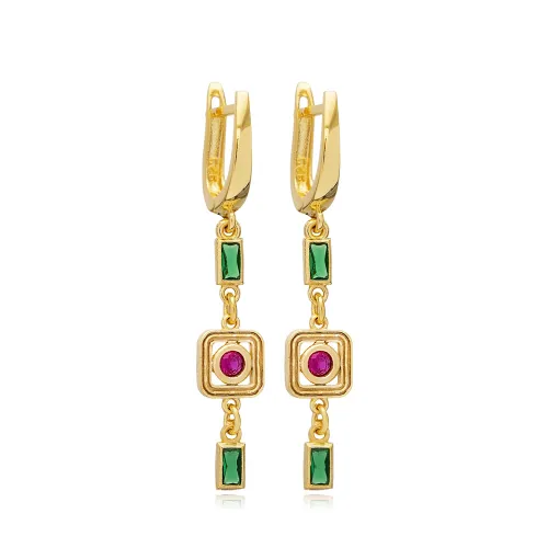 Ruby CZ Emerald CZ Geometric Drop 925 Silver Earrings