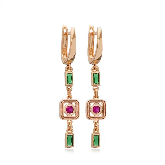Ruby CZ Emerald CZ Geometric Drop 925 Silver Earrings Ruby CZ Emerald CZ Geometric Drop 925 Silver Earrings