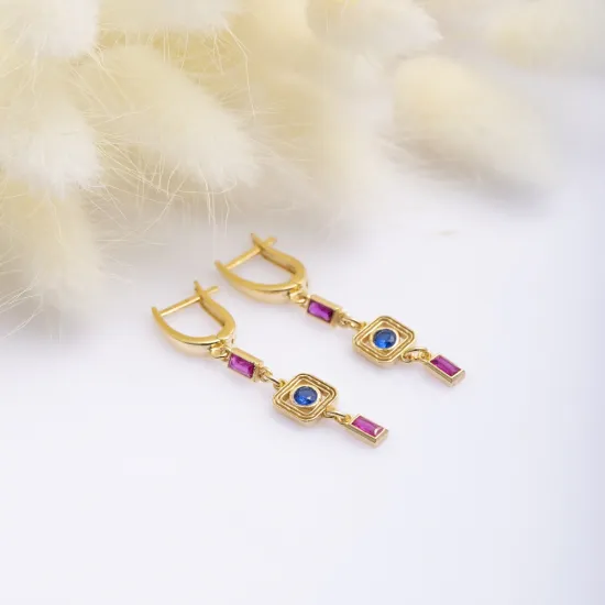 Ruby CZ Sapphire CZ Geometric Drop 925 Silver Earrings