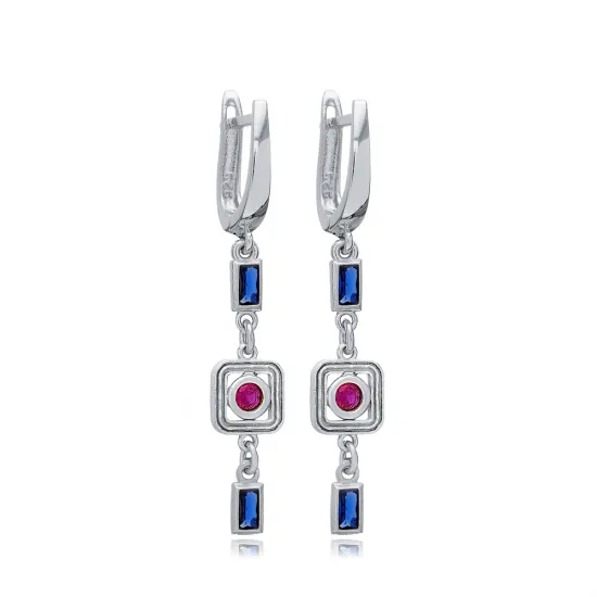 Ruby Sapphire CZ Latch Back Dangle Earrings Silver Jewelry Ruby Sapphire CZ Latch Back Dangle Earrings Silver Jewelry