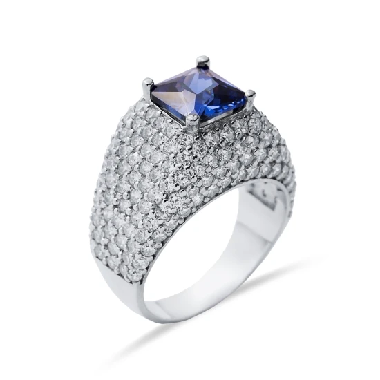 Tanzanite Square Cut CZ Stony Cluster 925 Silver Ring | 925 Sterling Silver Wholesale | Sade Silver Tanzanite Square Cut CZ Stony Cluster 925 Silver Ring - Sade 925 Silver Jewelry