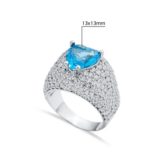 Aquamarine Stone Heart Cut 925 Silver CZ Stony Cluster Ring Aquamarine Stone Heart Cut 925 Silver CZ Stony Cluster Ring