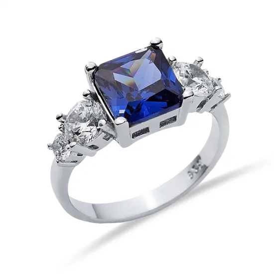 Square Tanzanite CZ Round 925 Sterling Silver Ring