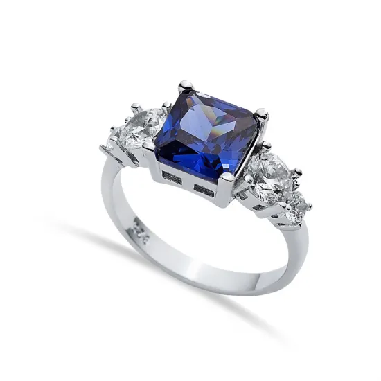 Square Tanzanite CZ Round 925 Sterling Silver Ring
