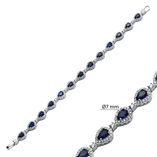 Pear Drop Sapphire CZ Dainty Tennis 925 Silver Bracelet | 925 Sterling Silver Wholesale | Sade Silver Pear Drop Sapphire CZ Dainty Tennis 925 Silver Bracelet - Sade 925 Silver Jewelry