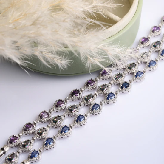 Pear Drop Sapphire CZ Dainty Tennis 925 Silver Bracelet | 925 Sterling Silver Wholesale | Sade Silver Pear Drop Sapphire CZ Dainty Tennis 925 Silver Bracelet - Sade 925 Silver Jewelry