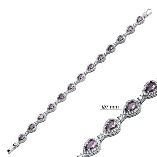 Pear Drop Amethyst CZ Stone Dainty Sterling Silver Tennis Bracelet