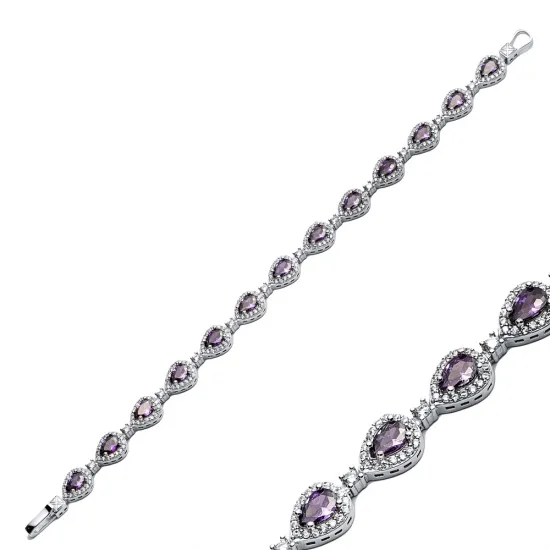 Pear Drop Amethyst CZ Stone Dainty Sterling Silver Tennis Bracelet