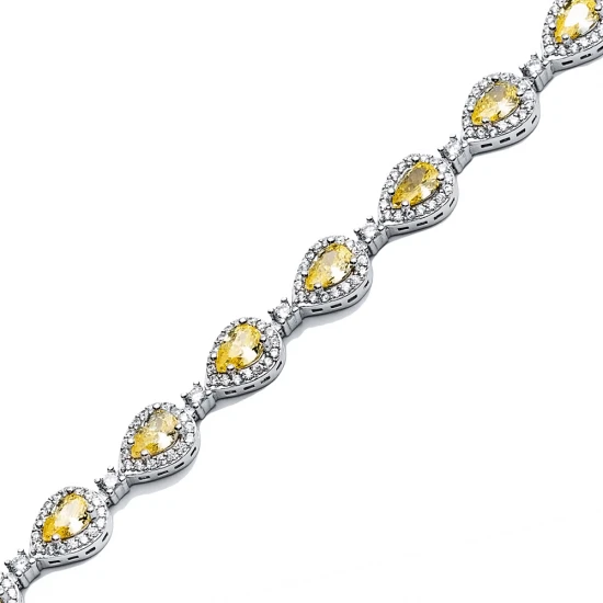 Citrine CZ Pear Drop Dainty Tennis 925 Silver Bracelet | 925 Sterling Silver Wholesale | Sade Silver Citrine CZ Pear Drop Dainty Tennis 925 Silver Bracelet - Sade 925 Silver Jewelry