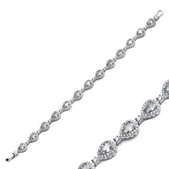Clear Zircon Pear Drop Stone Dainty Sterling Silver Tennis Bracelet