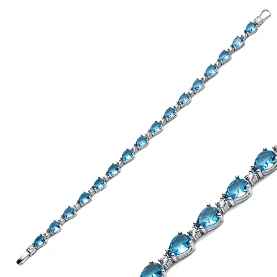 Pear Drop Aquamarine CZ Stone Sterling Silver Tennis Bracelet Pear Drop Aquamarine CZ Stone Sterling Silver Tennis Bracelet