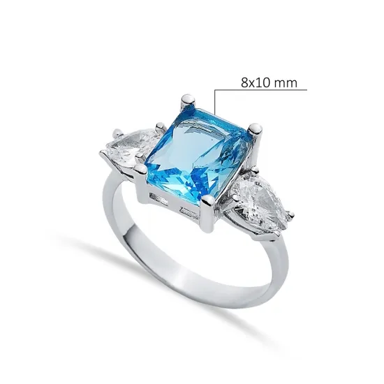 Pear CZ Rectangle Aquamarine 925 Sterling Silver Ring