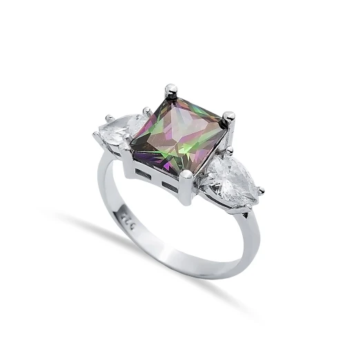 Pear CZ Rectangle Mystic Topaz 925 Sterling Silver Ring