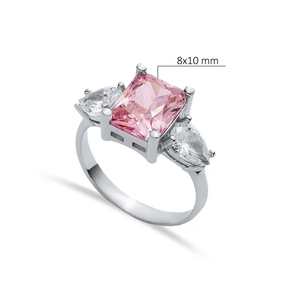 Rectangle Pink Quartz Pear CZ 925 Sterling Silver Ring