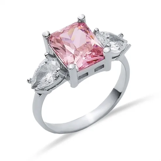 Rectangle Pink Quartz Pear CZ 925 Sterling Silver Ring