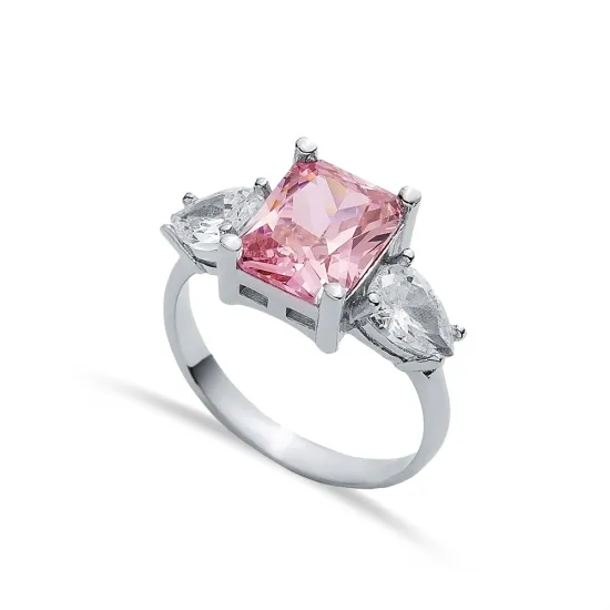 Rectangle Pink Quartz Pear CZ 925 Sterling Silver Ring