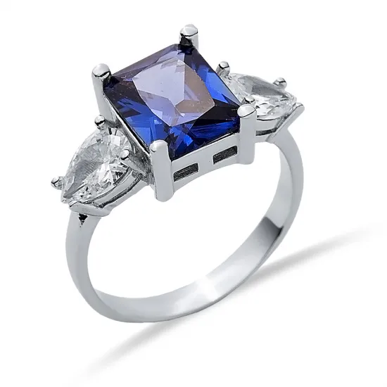 Rectangle Tanzanite Pear CZ 925 Sterling Silver Ring | 925 Sterling Silver Wholesale | Sade Silver Rectangle Tanzanite Pear CZ 925 Sterling Silver Ring - Sade 925 Silver Jewelry
