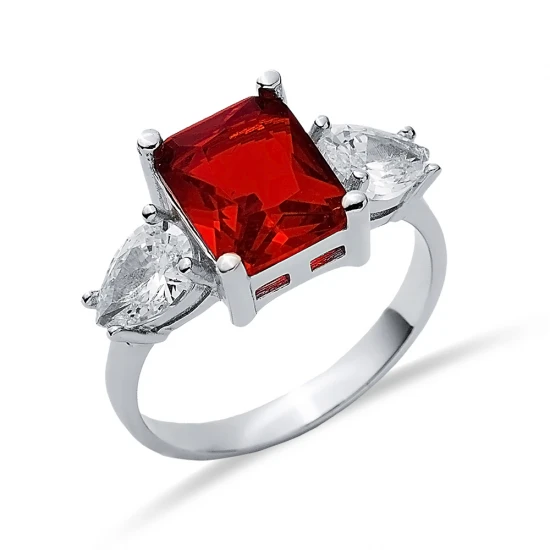 Rectangle Garnet Pear CZ 925 Sterling Silver Ring | 925 Sterling Silver Wholesale | Sade Silver Rectangle Garnet Pear CZ 925 Sterling Silver Ring - Sade 925 Silver Jewelry