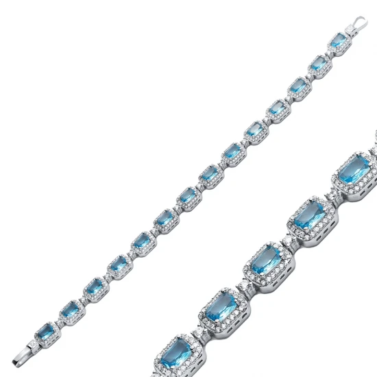 Sparkle Rectangle Aquamarine CZ Tennis Silver Bracelet Sparkle Rectangle Aquamarine CZ Tennis Silver Bracelet