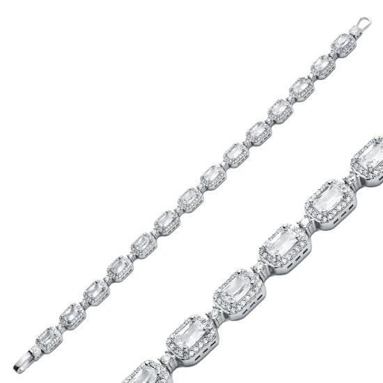Rectangle Shape White CZ Tennis 925 Silver Bracelet