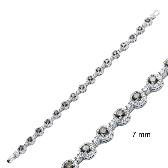 Dainty Round Mystic Topaz CZ Tennis 925 Silver Bracelet