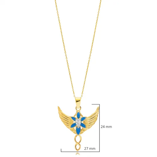 Blue Enamel Phoenix Design Pear CZ Stone Silver Charm Necklace Blue Enamel Phoenix Design Pear CZ Stone Silver Charm Necklace