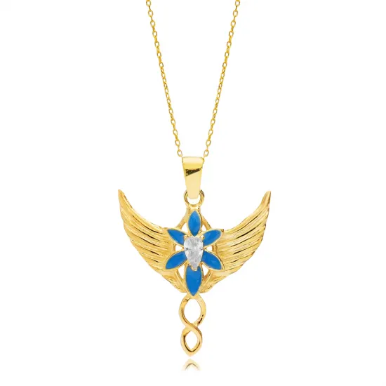 Blue Enamel Phoenix Design Pear CZ Stone Silver Charm Necklace Blue Enamel Phoenix Design Pear CZ Stone Silver Charm Necklace