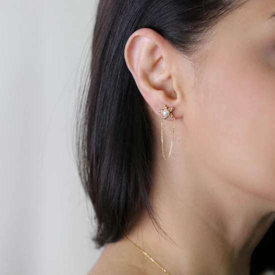 Flower Shape Pearl Chain 925 Sterling Silver Earrings Flower Shape Pearl Chain 925 Sterling Silver Earrings