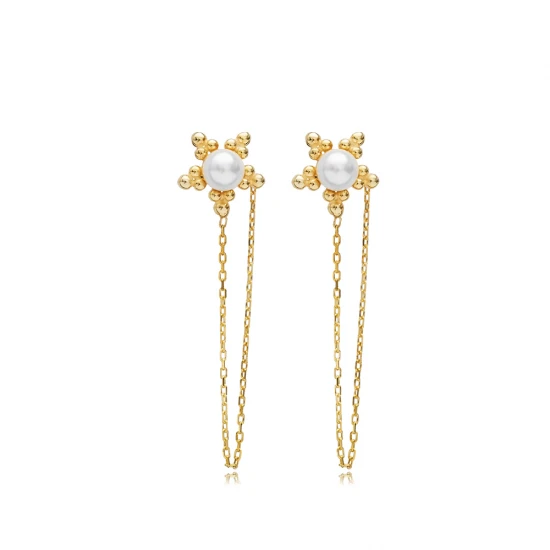 Flower Shape Pearl Chain 925 Sterling Silver Earrings Flower Shape Pearl Chain 925 Sterling Silver Earrings