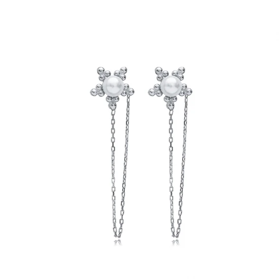 Flower Shape Pearl Chain 925 Sterling Silver Earrings Flower Shape Pearl Chain 925 Sterling Silver Earrings