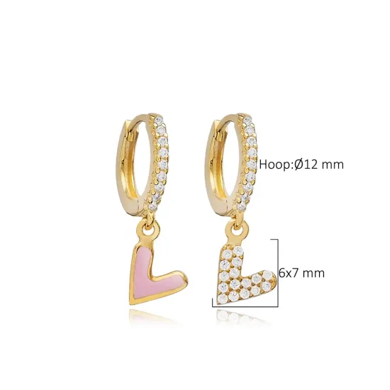 Double Sided Pink Enamel Heart Dangle Silver Earrings - Sade 925 Silver Jewelry