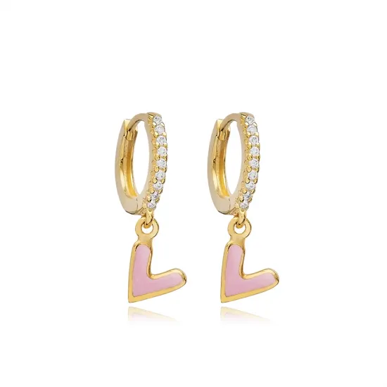 Double Sided Pink Enamel Heart Dangle Silver Earrings - Sade 925 Silver Jewelry