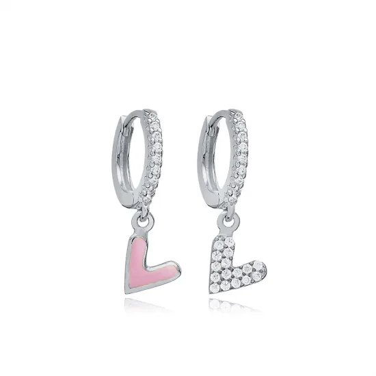 Double Sided Pink Enamel Heart Dangle Silver Earrings - Sade 925 Silver Jewelry