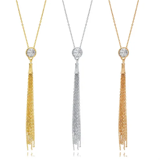 Round Design CZ Silver Tassel Necklace Round Design CZ Silver Tassel Necklace